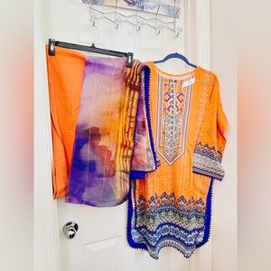 Vibrant Orange and Purple Ethnic Dress 3 pc Set